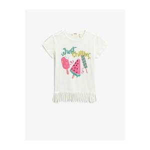 Koton Ice Cream Print Short Sleeved T-Shirt. Crewneck Tassels Cotton.