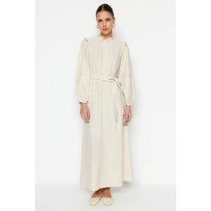 Trendyol Cream Belted Guipure and Ruffle Detailed Linen Blended Woven Dress
