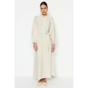 Trendyol Cream Belted Guipure and Ruffle Detailed Linen Blended Woven Dress