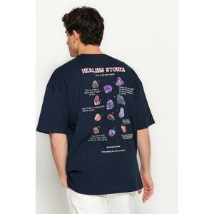 Trendyol Navy Blue Men's Oversize/Wide Cut Crew Neck Short Sleeve Text Printed 100% Cotton T-Shirt.