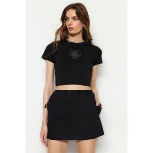 Trendyol Black Heart Stone Printed Basic Crop Crew Neck Cotton Stretchy Knitted T-Shirt