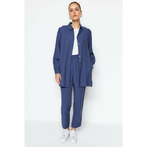 Trendyol Navy Blue Linen Look Shirt-Pants Woven Suit