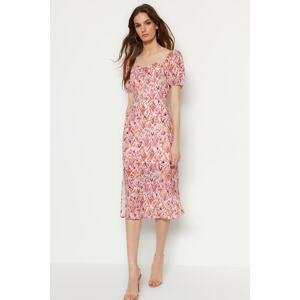 Trendyol Pink Square Neck Slit Patterned Woven Midi Woven Dress