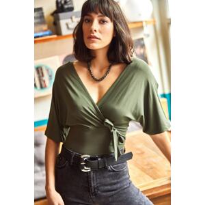 Olalook Women's Green Front Back Double Breasted Belted Blouse