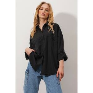 Trend Alaçatı Stili Women's Black Double Pocket Oversized Woven Shirt