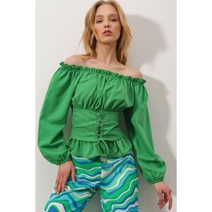 Trend Alaçatı Stili Women's Green Madonna Collar Woven Blouse with Gipple Lace-Up Bodice Detail