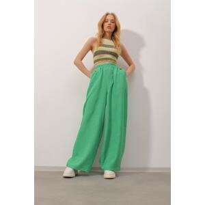 Trend Alaçatı Stili Women's Green Elastic Waist, Double Pocket, Wide Leg Woven Trousers