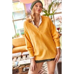 Olalook Women's Yellow V-Neck Soft Textured Oversized Knitwear Sweater