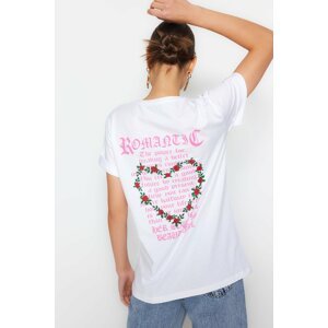 Trendyol White 100% Cotton Front and Back Slogan Print and Embroidery Boyfriend Knitted T-Shirt