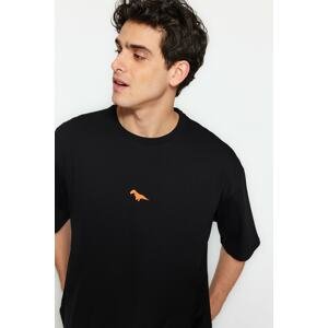 Trendyol Black Men's Oversize Fit Crew Neck Short Sleeve Dinosaur Embroidered 100% Cotton T-Shirt