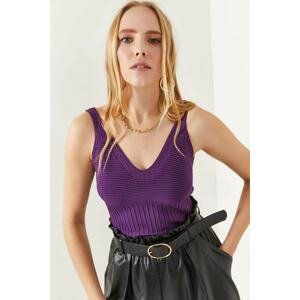 Olalook Women's Purple Waist Detailed Straps Knitwear Blouse