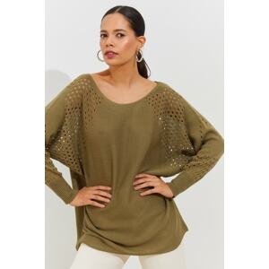 Cool & Sexy Women's Khaki Loose Knitwear Blouse with Openwork Shoulders