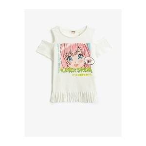 Koton Anime Printed T-Shirt with Tassels Short Sleeves Window Detail Cotton