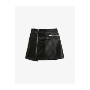 Koton Mini Skirt With Faux Leather Look, Zippered Asymmetric Cut With Pocket
