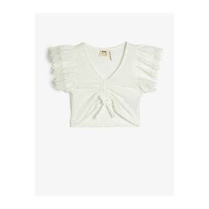 Koton Crop Blouse With Pleats In The Front Short Sleeves Lace Detailed.