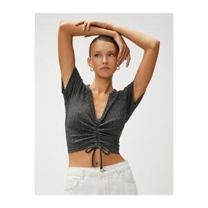 Koton Crop T-Shirt V-Neck Ruffle Detailed