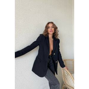 Trend Alaçatı Stili Women's Black Double Breasted Collar Tweed Blazer with Padded Gold Buttons on the Shoulder