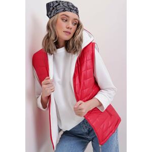 Trend Alaçatı Stili Women's Red Hooded Zipper Front Double Pocket Inflatable Vest