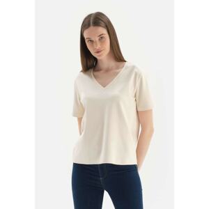 Dagi Ecru V-Neck Interlock Cotton Short Sleeve T-Shirt.