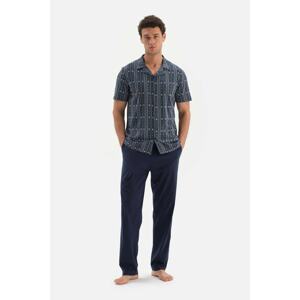 Dagi Navy Blue Shirt Collar Printed Top Knitted Pajamas Set