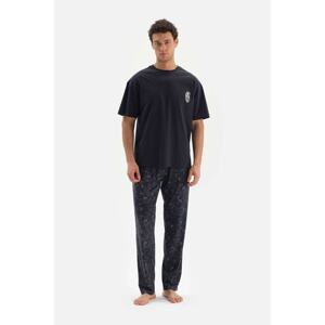 Dagi Navy Blue Crew Neck Short Sleeve Top Size Patterned Bottom Knitted Pajamas Set.