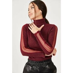 armonika Women's Claret Red with Neck Sleeves Lace Detailed Knitwear Sweater