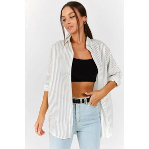 armonika Women's White Striped Oversize Long Basic Shirt