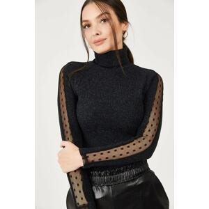 armonika női fekete nyakú ujjú csipke részlet kötöttáru pulóver
