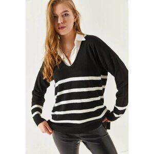 armonika Women's Black V-Neck Striped Sweater Short In The Front
