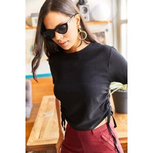 Olalook Women's Black Textured Crop Knitted Top with Gatherings