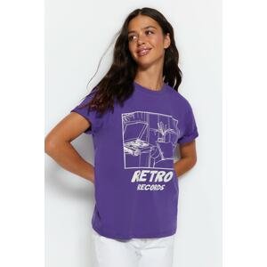 Trendyol Limited Edition Purple 100% Cotton Printed, Comfortable Cut, Basic Crew Neck Knitted T-Shirt