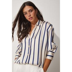 Happiness İstanbul Women's Cream Navy Blue Striped Flowy Satin Shirt