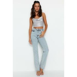 Trendyol Blue Pile Leg Denim Jeans with Shiny Stones