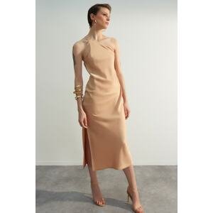 Trendyol Beige Weave Satin Elegant Evening Dress