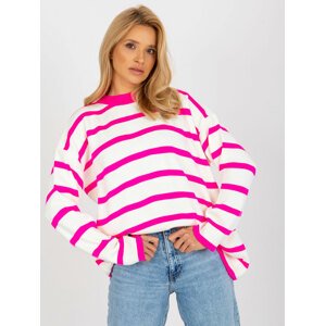 Fluo pink and ecru striped oversized sweater with stand-up collar by RUE PARIS