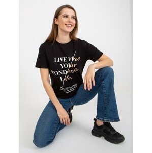 Black women's T-shirt with inscriptions and round neckline