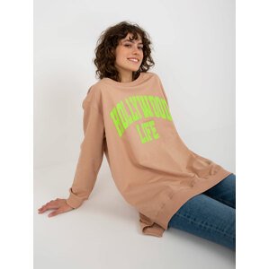 Beige and green oversize long sweatshirt with inscription