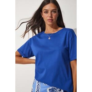 Happiness İstanbul Women's Blue Crew Neck Cotton Loose Knitted T-Shirt