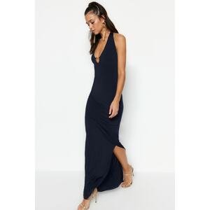 Trendyol Navy Blue Fitted Knitted Long Evening Evening Dress With Accessories