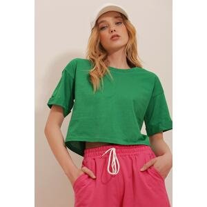 Trend Alaçatı Stili Women's Green Crew Neck Double Sleeve Basic Oversized Crop T-Shirt