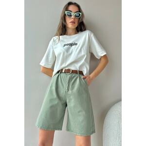 Trend Alaçatı Stili Women's Green High Waist Wide Leg Bermuda Denim Shorts