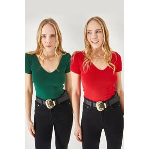 Olalook Women's Emerald-Red V-Neck Short Sleeve 2-Pack Suit Blouse