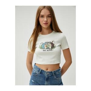 Koton Crop T-Shirt with Printed Ribbed Crew Neck Short Sleeves