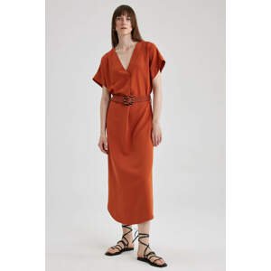 DEFACTO V Neck Linen Blend Bat Sleeve Midi Short Sleeve Dress