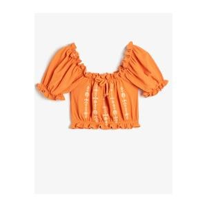 Koton Crop Blouse with Ruffle Embroidered Short Sleeves with Pleated Front