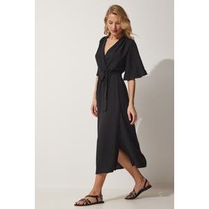 Happiness İstanbul Women's Black Wrapped Neck Slit Dress