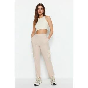 Trendyol Beige Parachute Cargo Pocket Detailed High Waist Crepe Smart Knitted Pants