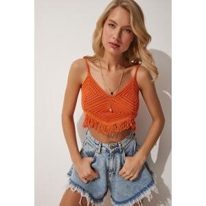 Happiness İstanbul Women's Orange Tasseled Openwork Crop Knitwear Blouse