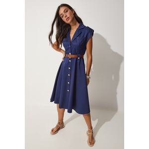 Happiness İstanbul Women's Navy Blue Belted Cotton Satin Shirt Dress