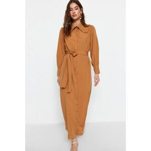 Trendyol Brown Belted Collar Detailed Woven Dress